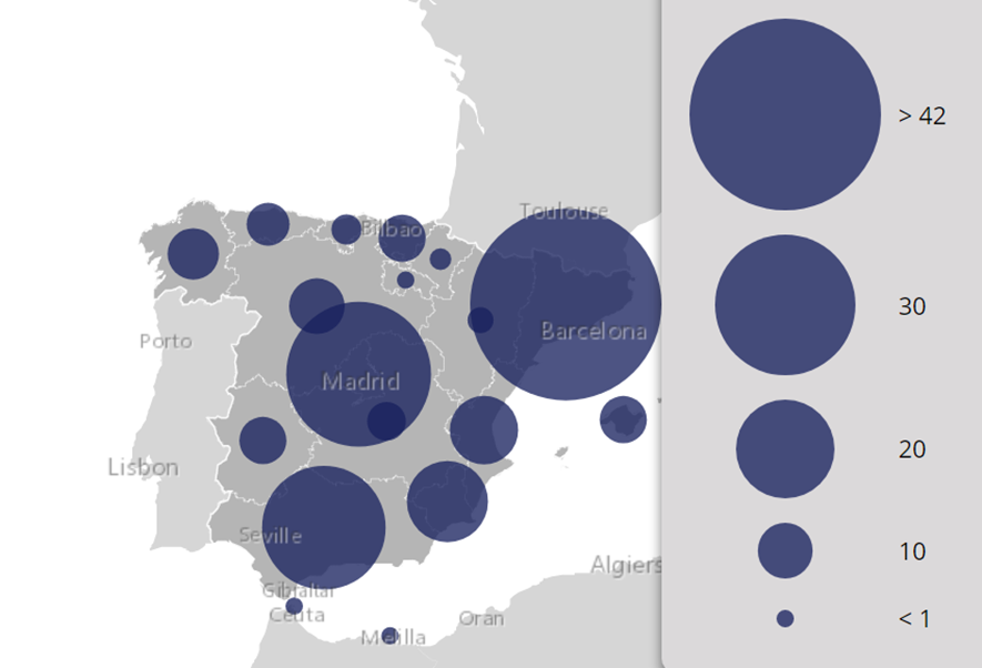 Mapa de España con los núcleos de recursos en función de la densidad de población por Comunidad Autónoma